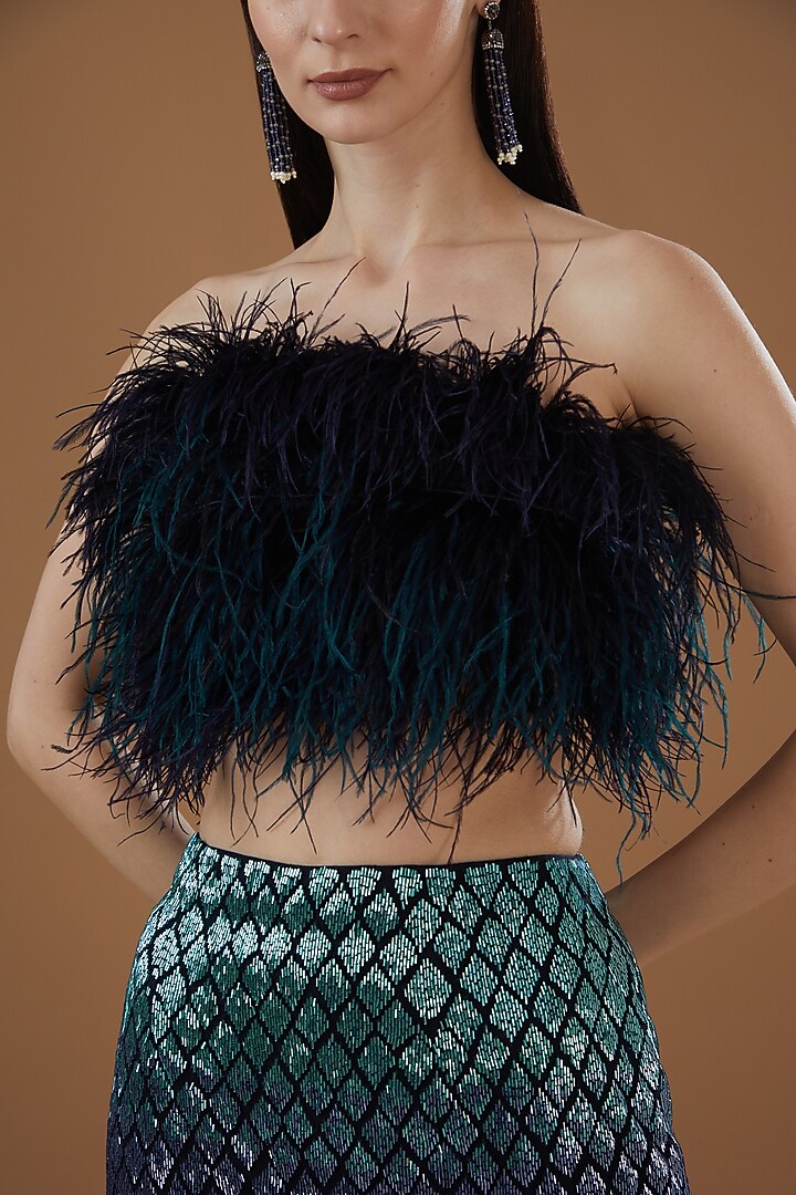 Navy Blue Tulle & Satin Lycra Embellished Cropped Top by Not So Serious by Pallavi Mohan at Pernia's Pop Up Shop
