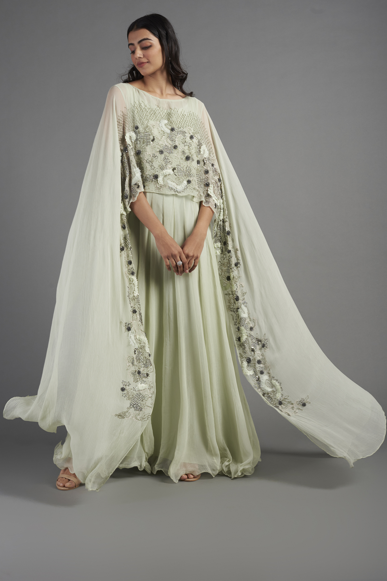 Mint Green Embroidered Cape Dress by Not So Serious By Pallavi Mohan
