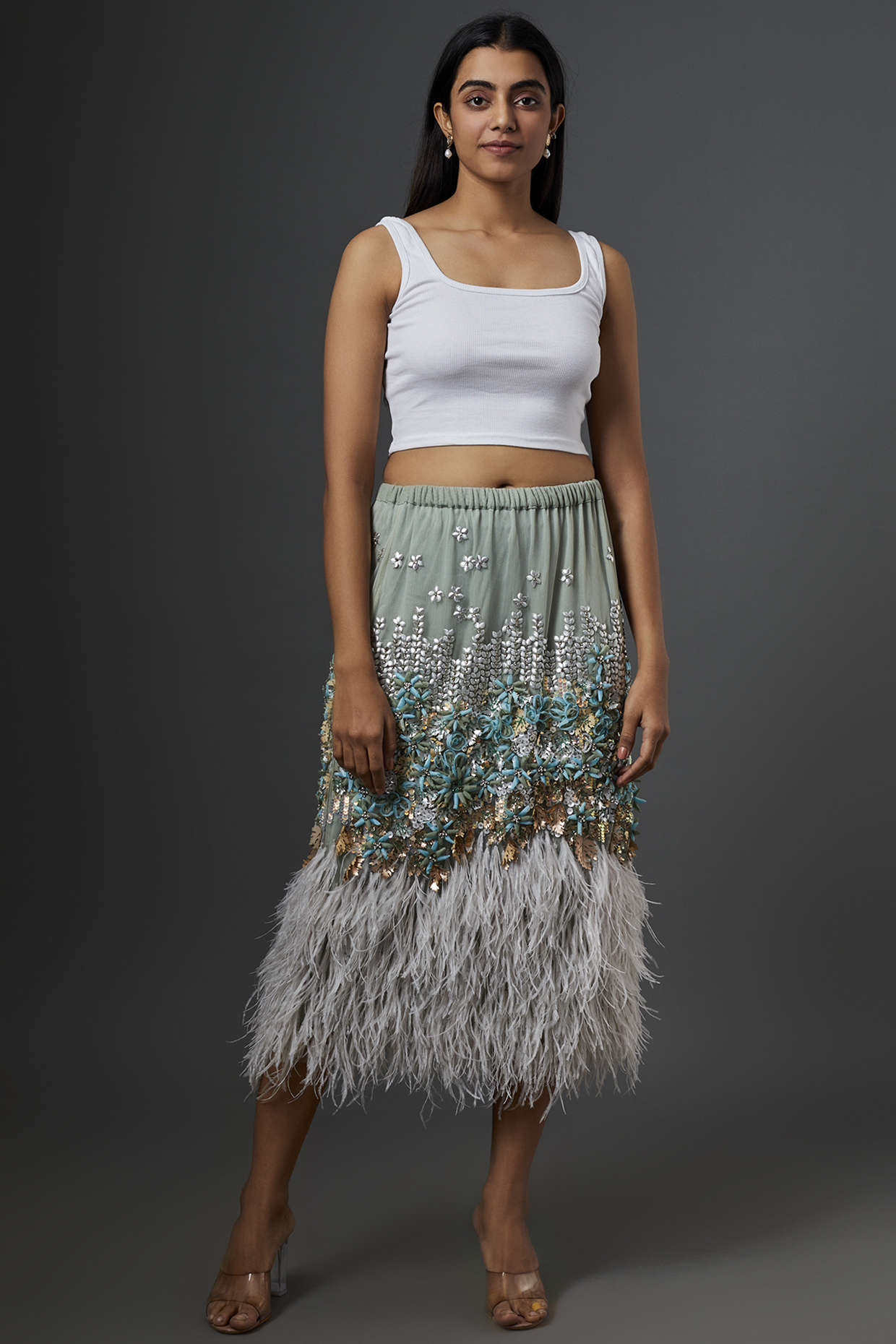 Grey Tulle Hand Embroidered Skirt by Not So Serious by Pallavi Mohan