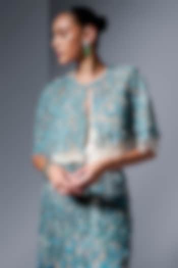 Aqua Tulle Sequin Embellished Cape by Not So Serious by Pallavi Mohan at Pernia's Pop Up Shop
