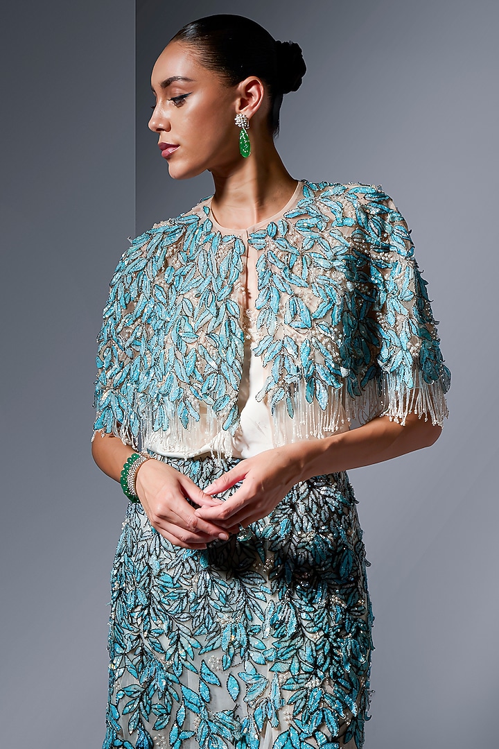 Aqua Tulle Sequin Embellished Cape by Not So Serious by Pallavi Mohan at Pernia's Pop Up Shop