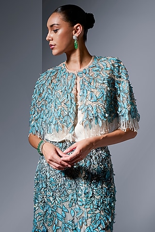 Aqua Tulle Sequin Embellished Cape by Not So Serious by Pallavi Mohan