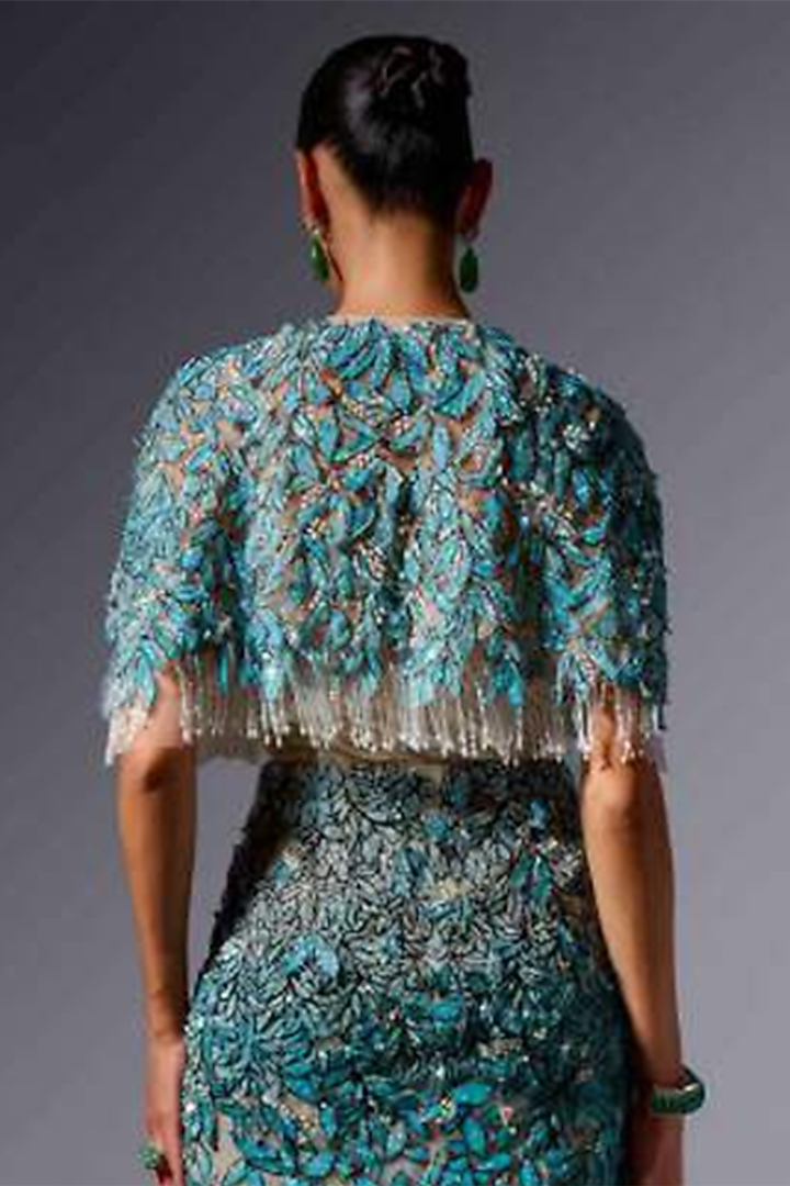 Aqua Tulle Sequin Embellished Cape by Not So Serious by Pallavi Mohan at Pernia's Pop Up Shop