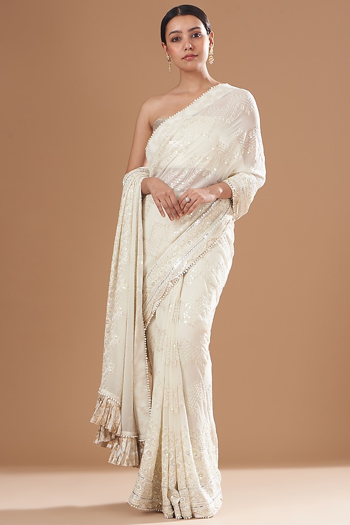 White Georgette Sequin Embroidered Saree Set by Not So Serious by Pallavi Mohan