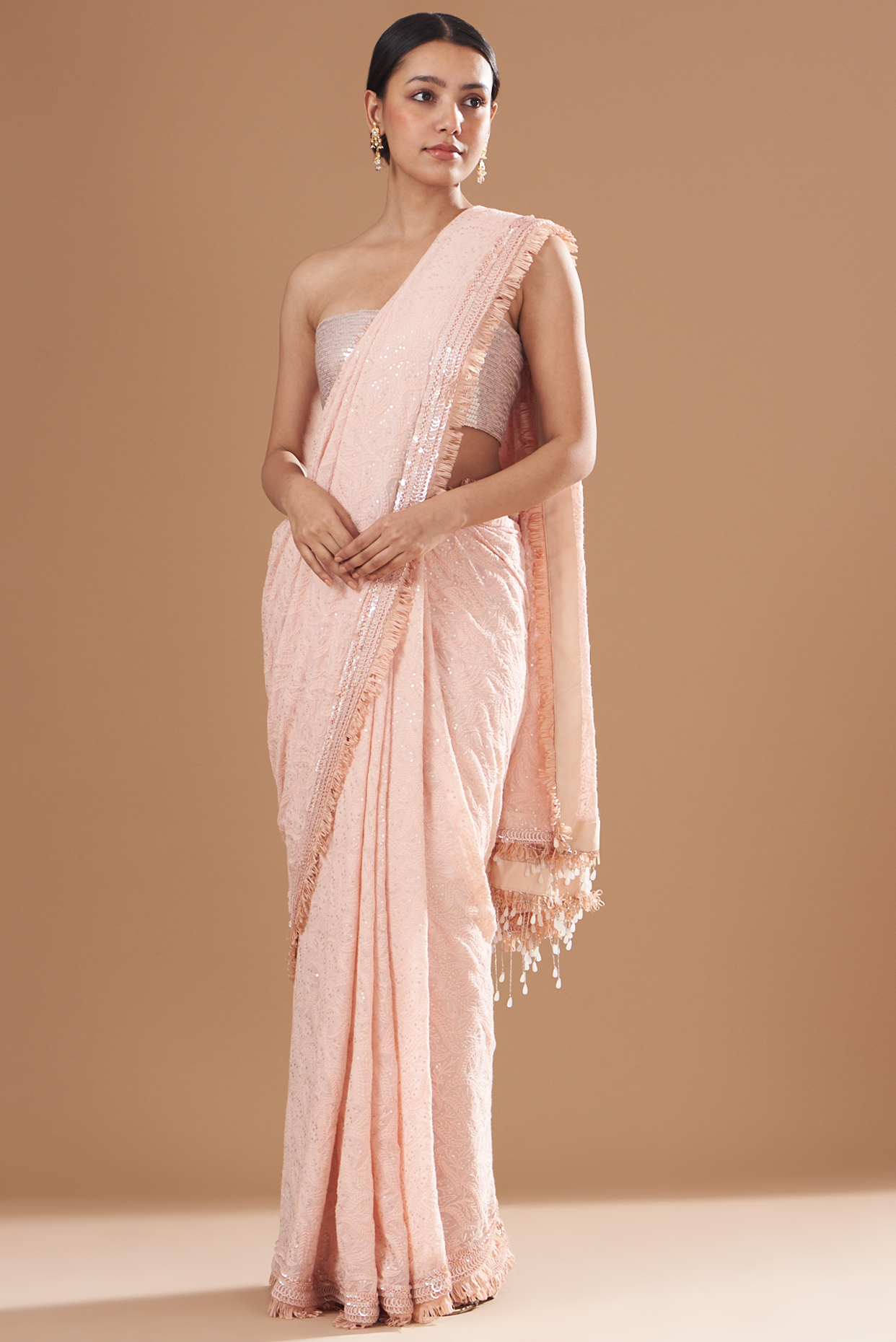 Blush Pink Georgette Sequin Embroidered Saree Set by Not So Serious by Pallavi Mohan