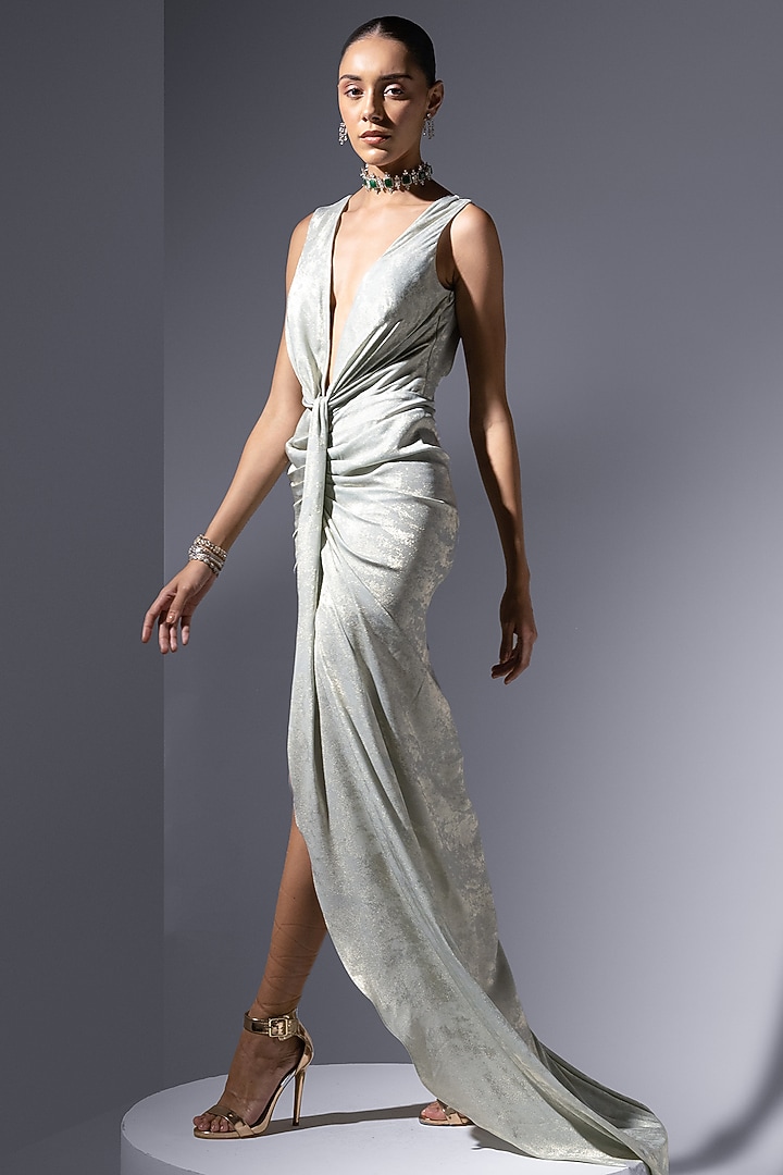 Sea Green Lurex Silk Knotted Cocktail Dress by Not So Serious by Pallavi Mohan at Pernia's Pop Up Shop