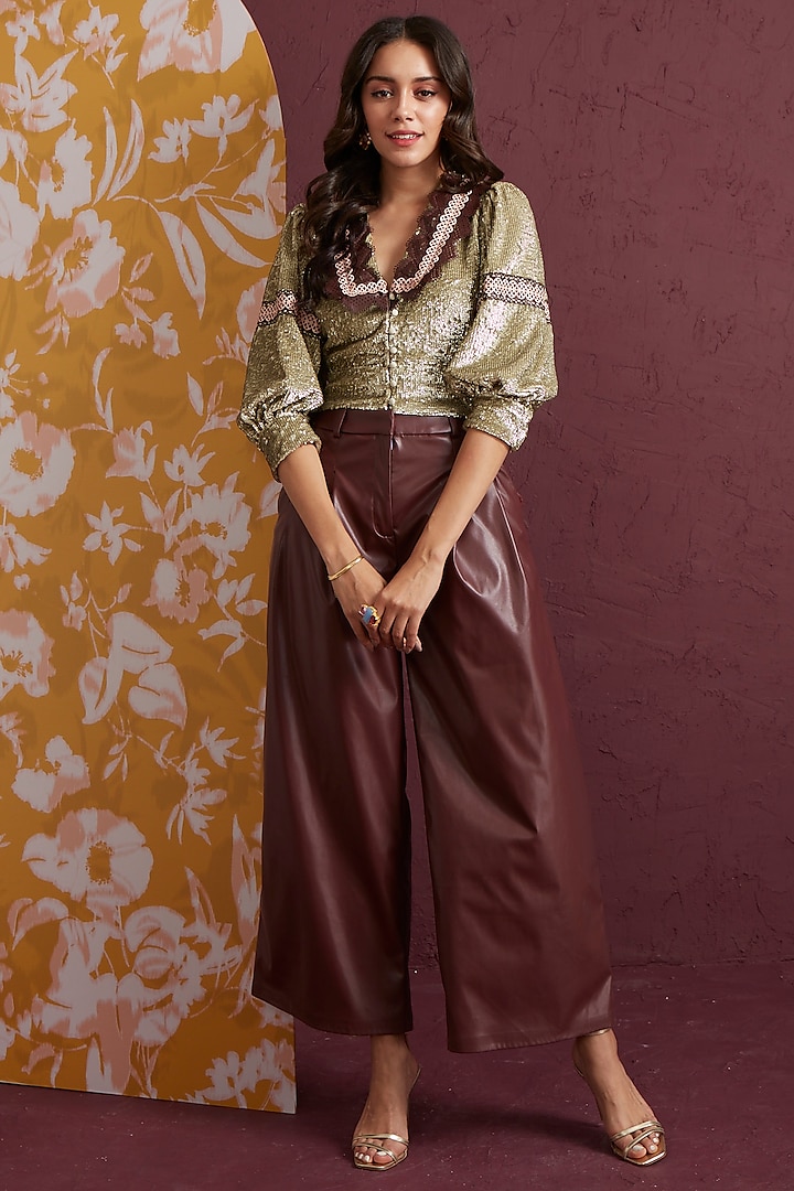 Brown Printed Leather Trousers by Not So Serious by Pallavi Mohan
