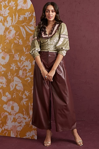 Brown Printed Leather Trousers by Not So Serious by Pallavi Mohan