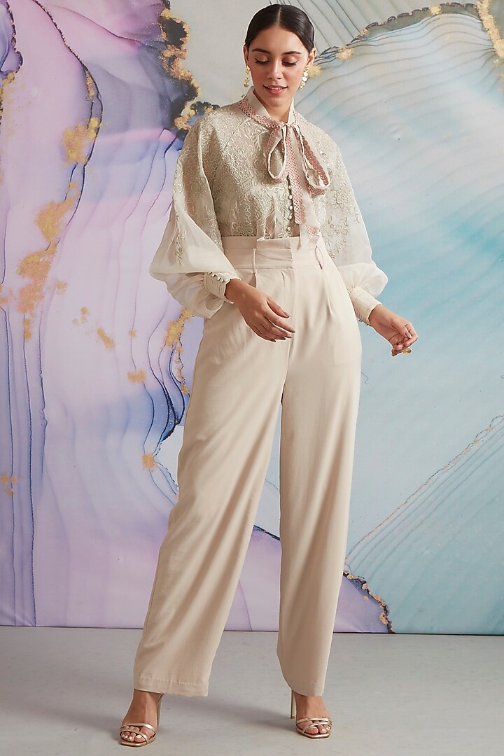 Cream Imported Banana Crepe Trousers by NSS Pret by Pallavi Mohan
