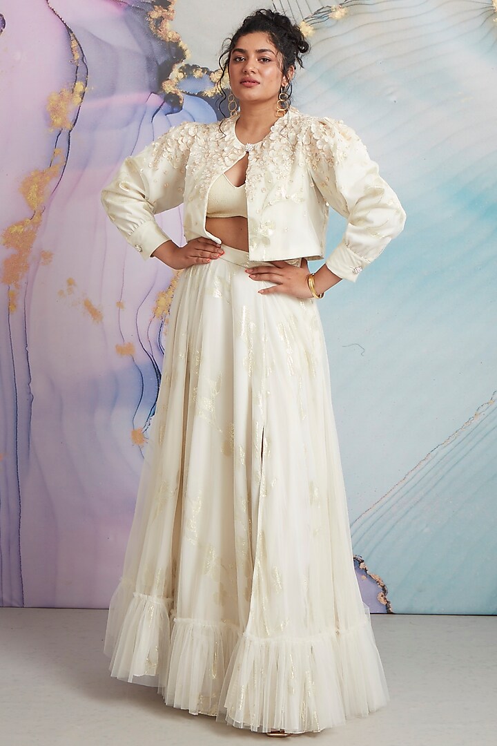 Ivory Hand Embroidered Jacket With Bralette by NSS Pret by Pallavi Mohan