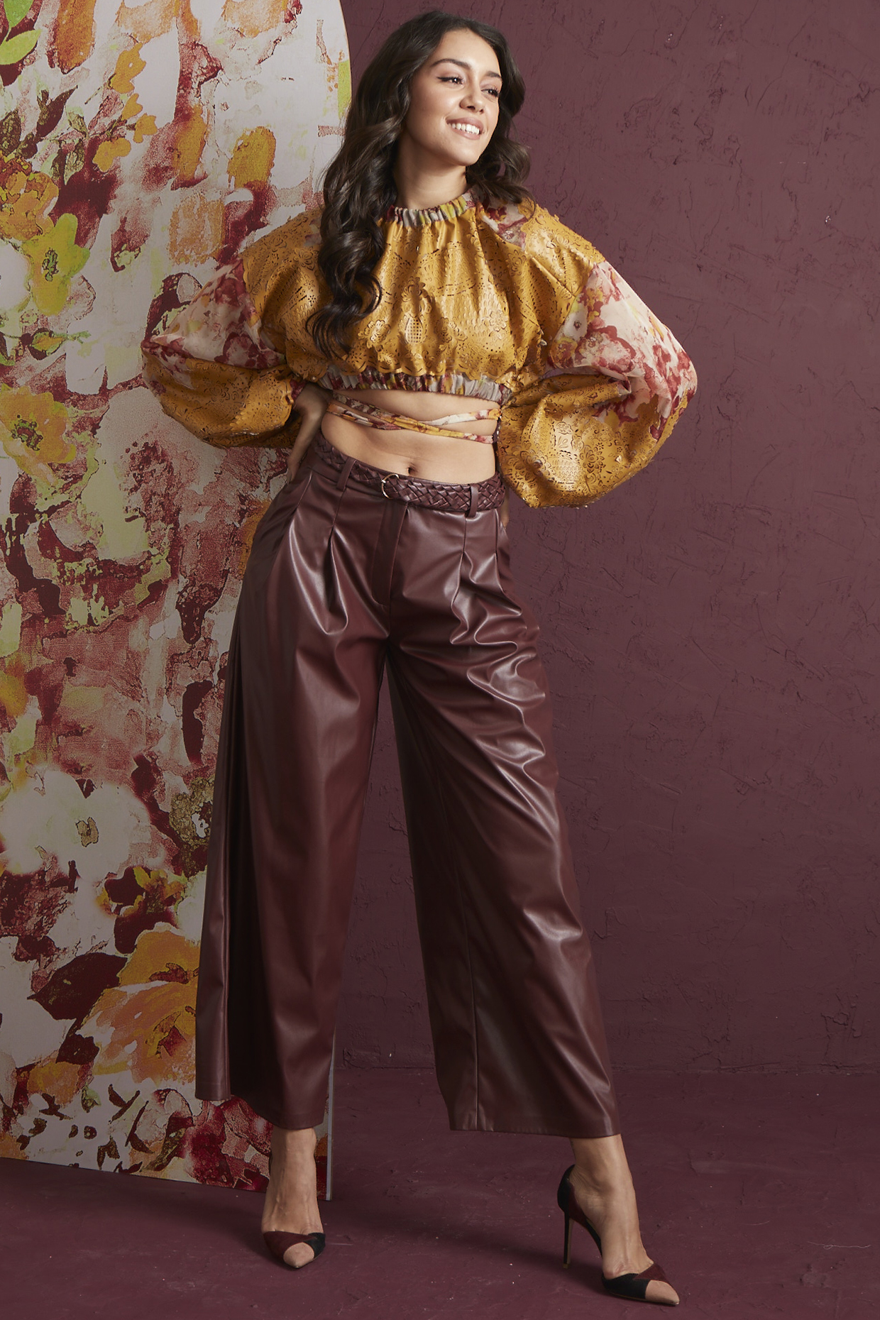 Brown Rexine Trousers by Not So Serious by Pallavi Mohan at Pernia's Pop Up Shop