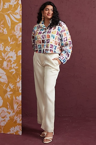 Off-White Silk Satin & Organza Trousers by Not So Serious by Pallavi Mohan