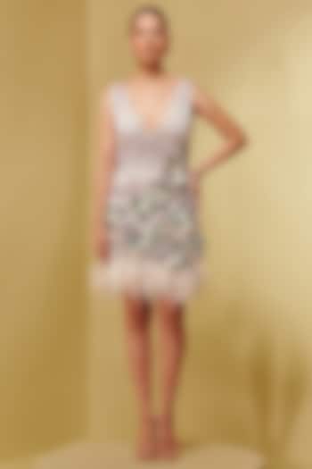Ivory Double Layered Mesh Embroidered Mini Party Wear Dress by Not So Serious By Pallavi Mohan at Pernia's Pop Up Shop