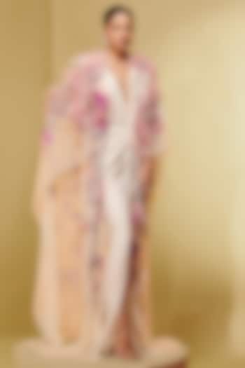 Ivory Soft Mesh Floral Embroidered Cape by Not So Serious By Pallavi Mohan at Pernia's Pop Up Shop