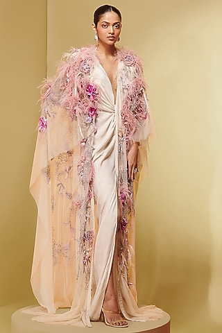 Ivory Soft Mesh Floral Embroidered Cape by Not So Serious By Pallavi Mohan