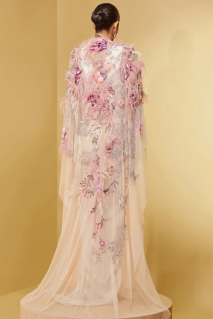 Ivory Soft Mesh Floral Embroidered Cape by Not So Serious By Pallavi Mohan at Pernia's Pop Up Shop