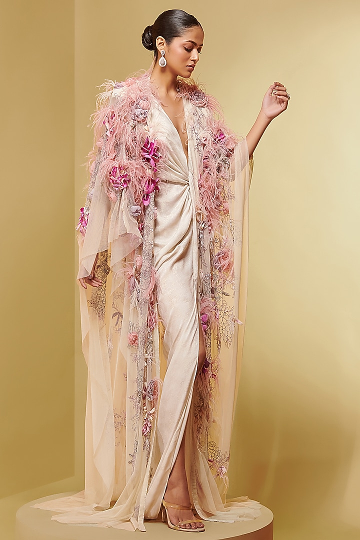 Ivory Soft Mesh Floral Embroidered Cape by Not So Serious By Pallavi Mohan at Pernia's Pop Up Shop