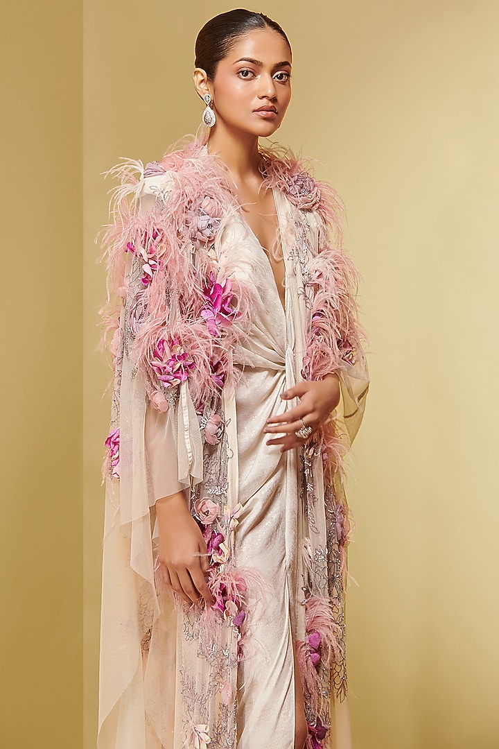Ivory Soft Mesh Floral Embroidered Cape by Not So Serious By Pallavi Mohan at Pernia's Pop Up Shop