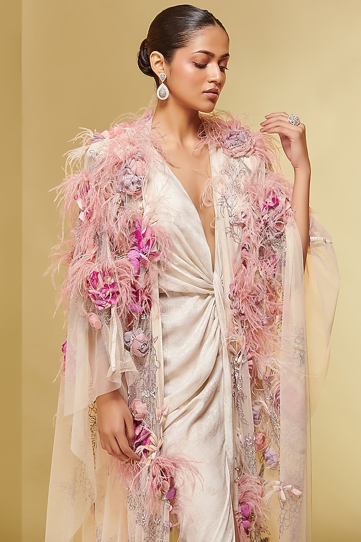 Ivory Soft Mesh Floral Embroidered Cape by Not So Serious By Pallavi Mohan at Pernia's Pop Up Shop
