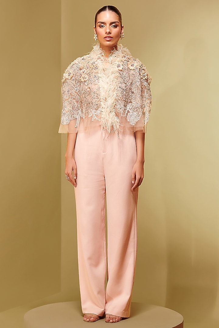 Blush Organza Floral Applique Cape by Not So Serious By Pallavi Mohan at Pernia's Pop Up Shop