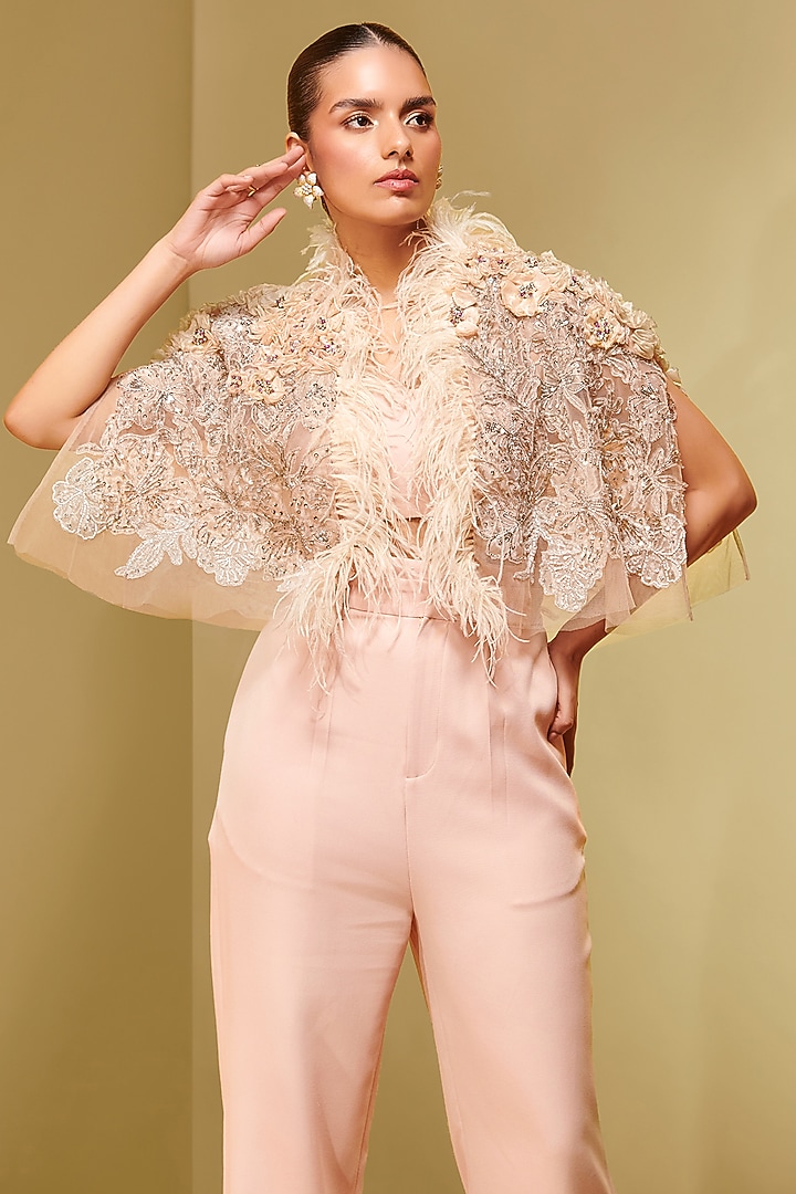 Blush Organza Floral Applique Cape by Not So Serious By Pallavi Mohan at Pernia's Pop Up Shop