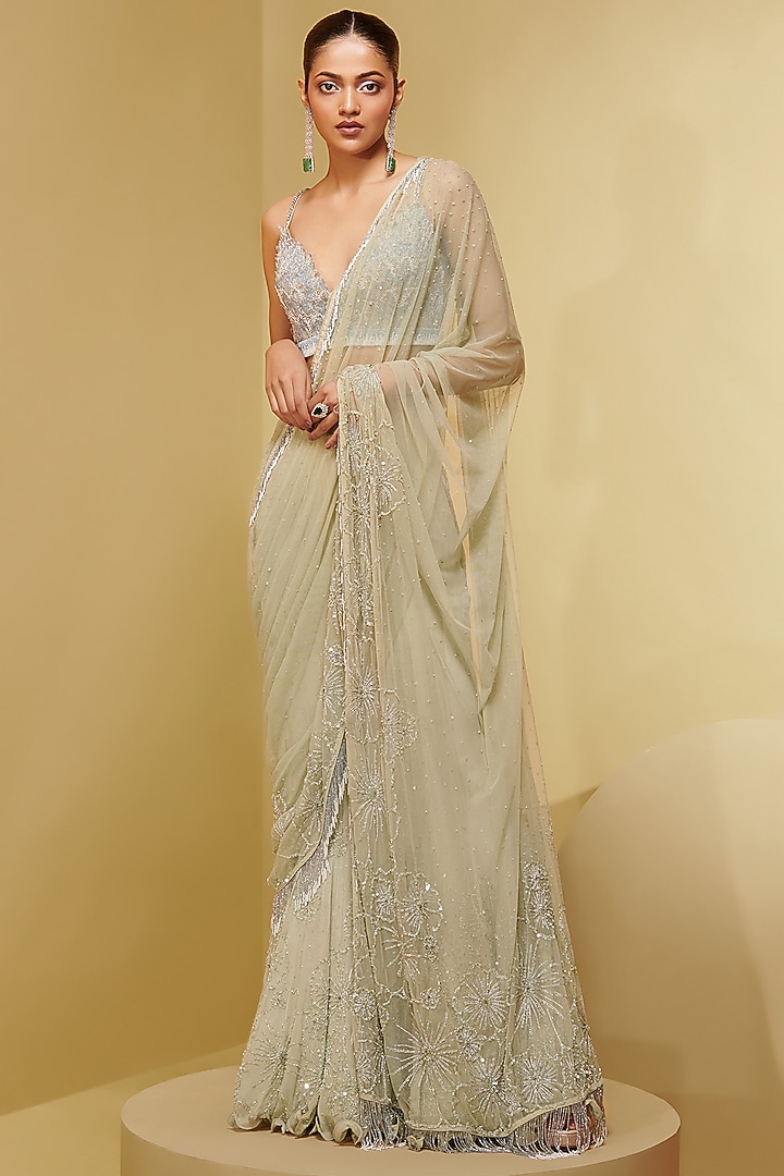 Sage Green Tulle Georgette Embroidered Draped Bridal Lehenga Saree Set by Not So Serious By Pallavi Mohan at Pernia's Pop Up Shop