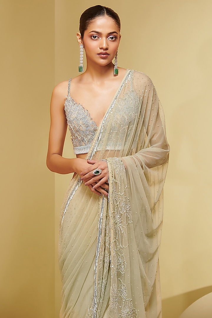 Sage Green Tulle Georgette Embroidered Draped Bridal Lehenga Saree Set by Not So Serious By Pallavi Mohan at Pernia's Pop Up Shop
