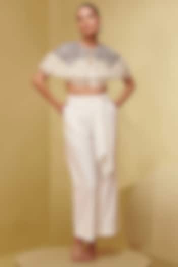 Ivory Mesh Crystal Embroidered Cape by Not So Serious By Pallavi Mohan at Pernia's Pop Up Shop