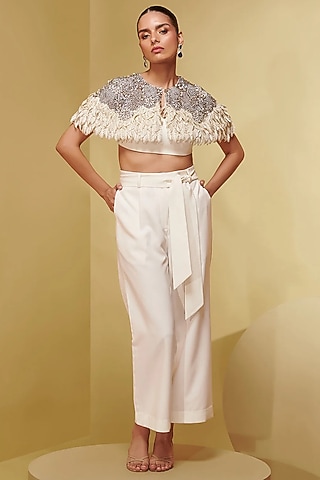 Ivory Mesh Crystal Embroidered Cape by Not So Serious By Pallavi Mohan