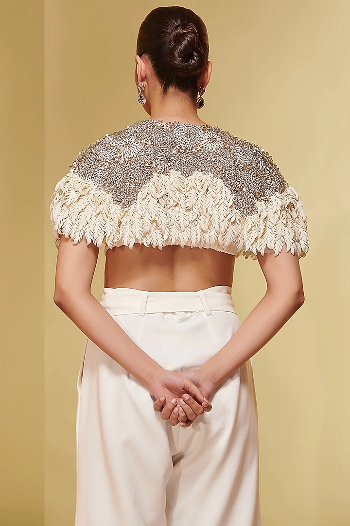 Ivory Mesh Crystal Embroidered Cape by Not So Serious By Pallavi Mohan at Pernia's Pop Up Shop