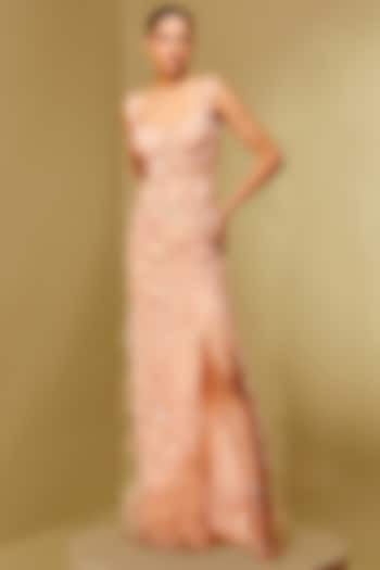 Coral Mesh & Jacquard Floral Maxi Party Wear Dress by Not So Serious By Pallavi Mohan at Pernia's Pop Up Shop
