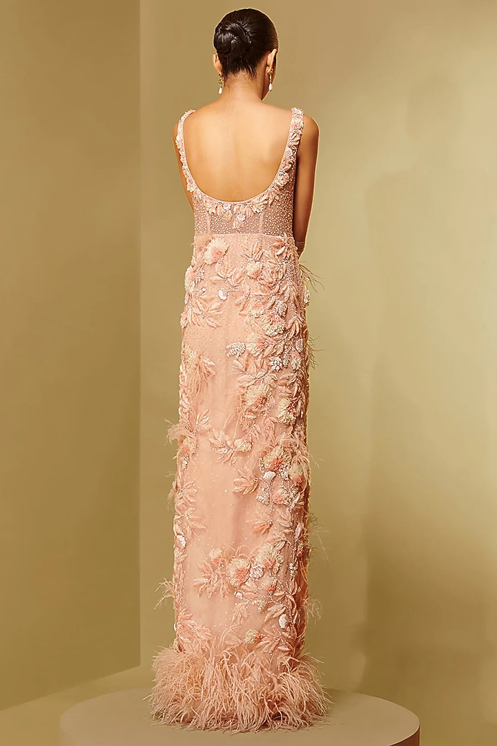 Coral Mesh & Jacquard Floral Maxi Party Wear Dress by Not So Serious By Pallavi Mohan at Pernia's Pop Up Shop