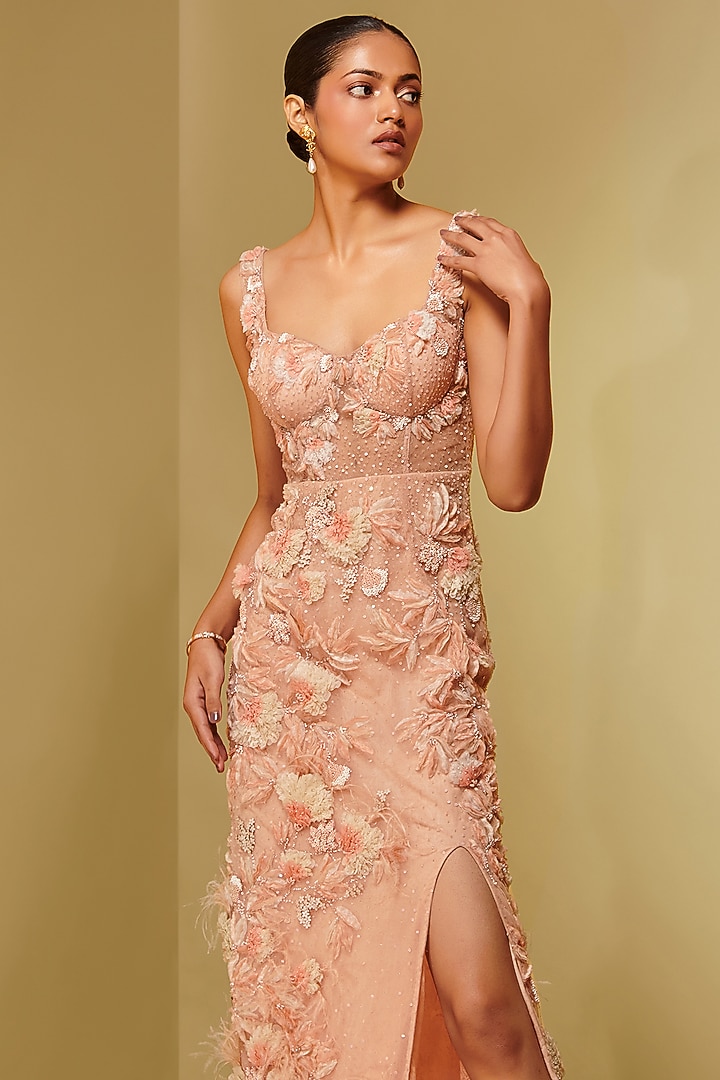 Coral Mesh & Jacquard Floral Maxi Party Wear Dress by Not So Serious By Pallavi Mohan at Pernia's Pop Up Shop
