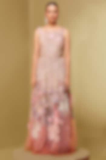 Coral Mesh & Crepe Embroidered Bridal Gown by Not So Serious By Pallavi Mohan at Pernia's Pop Up Shop