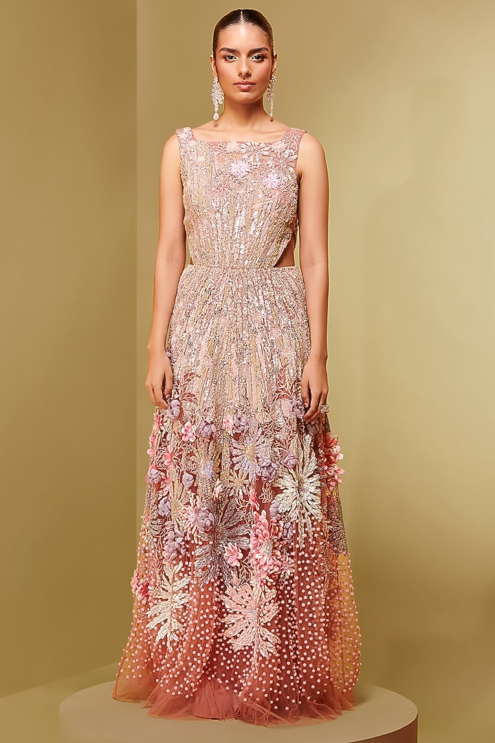 Coral Mesh & Crepe Embroidered Bridal Gown by Not So Serious By Pallavi Mohan at Pernia's Pop Up Shop