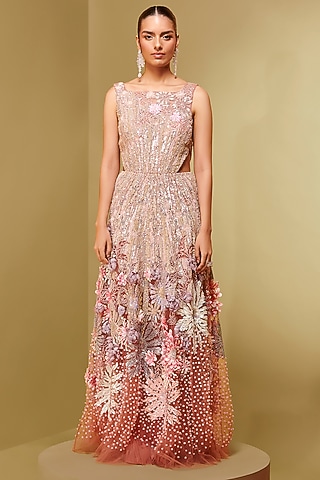 Coral Mesh & Crepe Embroidered Gown by Not So Serious By Pallavi Mohan