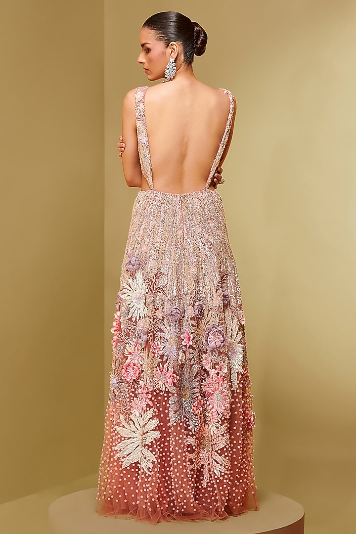 Coral Mesh & Crepe Embroidered Bridal Gown by Not So Serious By Pallavi Mohan at Pernia's Pop Up Shop