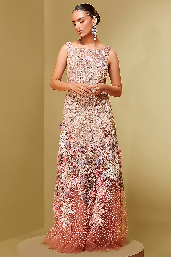 Coral Mesh & Crepe Embroidered Bridal Gown by Not So Serious By Pallavi Mohan at Pernia's Pop Up Shop
