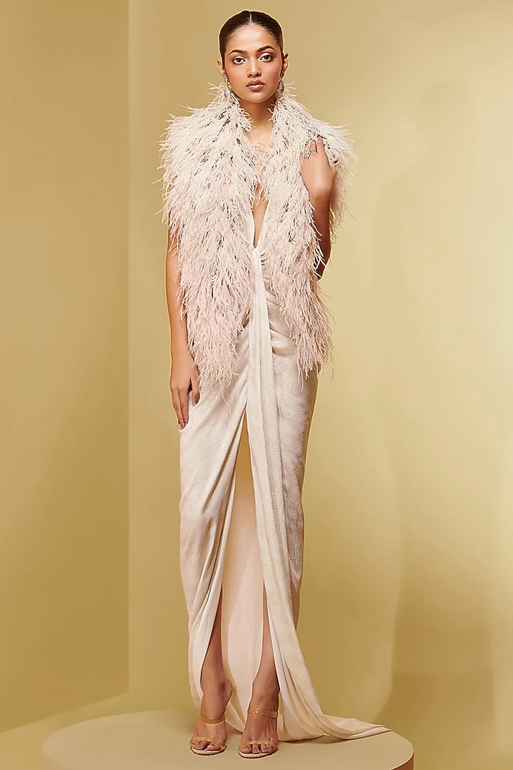 Ivory Silk Jacquard Metallic Fluffy Boa by Not So Serious By Pallavi Mohan at Pernia's Pop Up Shop