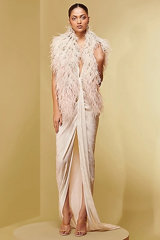 Ivory Silk Jacquard Metallic Fluffy Boa by Not So Serious By Pallavi Mohan