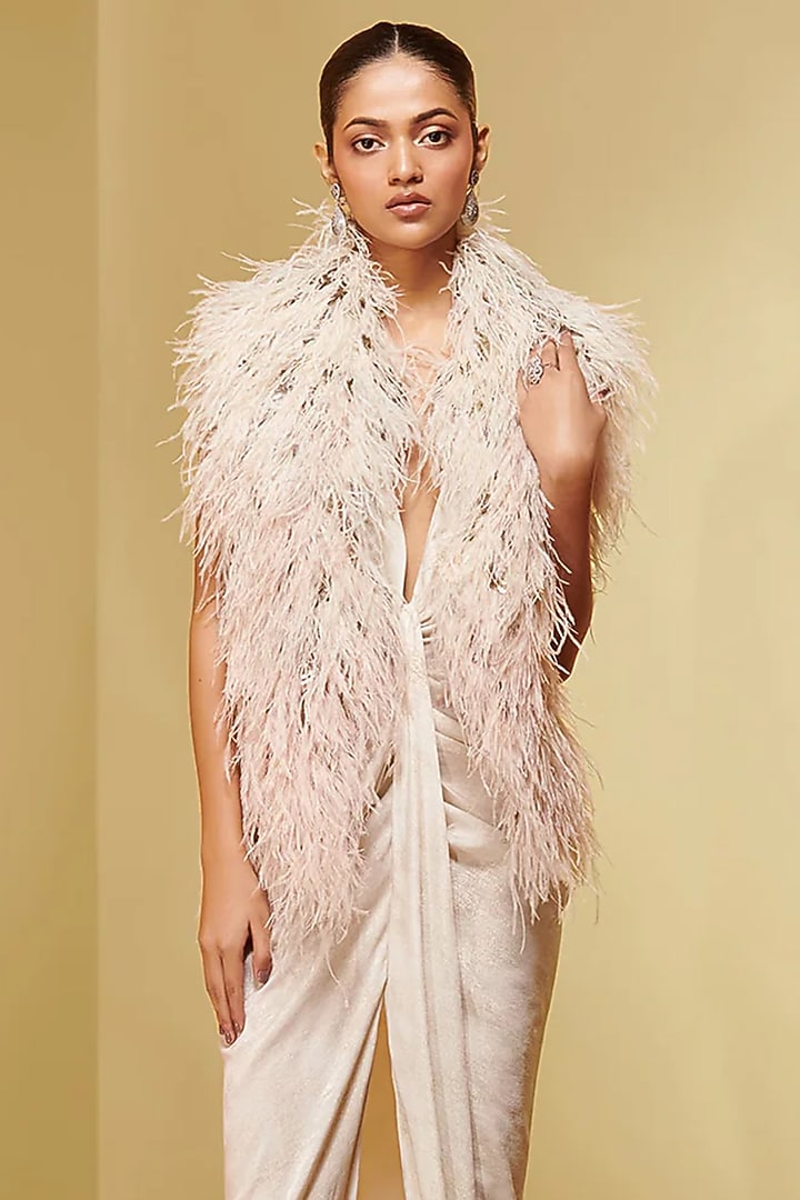 Ivory Silk Jacquard Metallic Fluffy Boa by Not So Serious By Pallavi Mohan at Pernia's Pop Up Shop