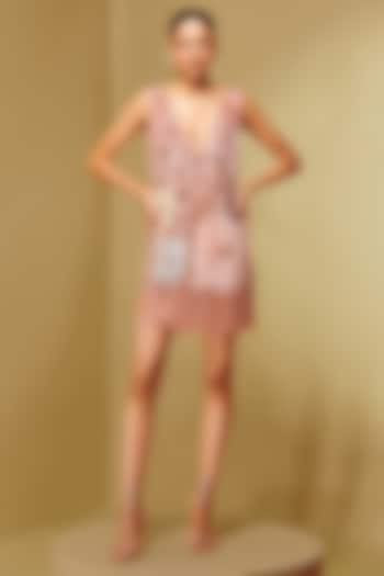 Dusty Rose Mesh & Crepe Floral Embroidered Mini Party Wear Dress by Not So Serious By Pallavi Mohan at Pernia's Pop Up Shop