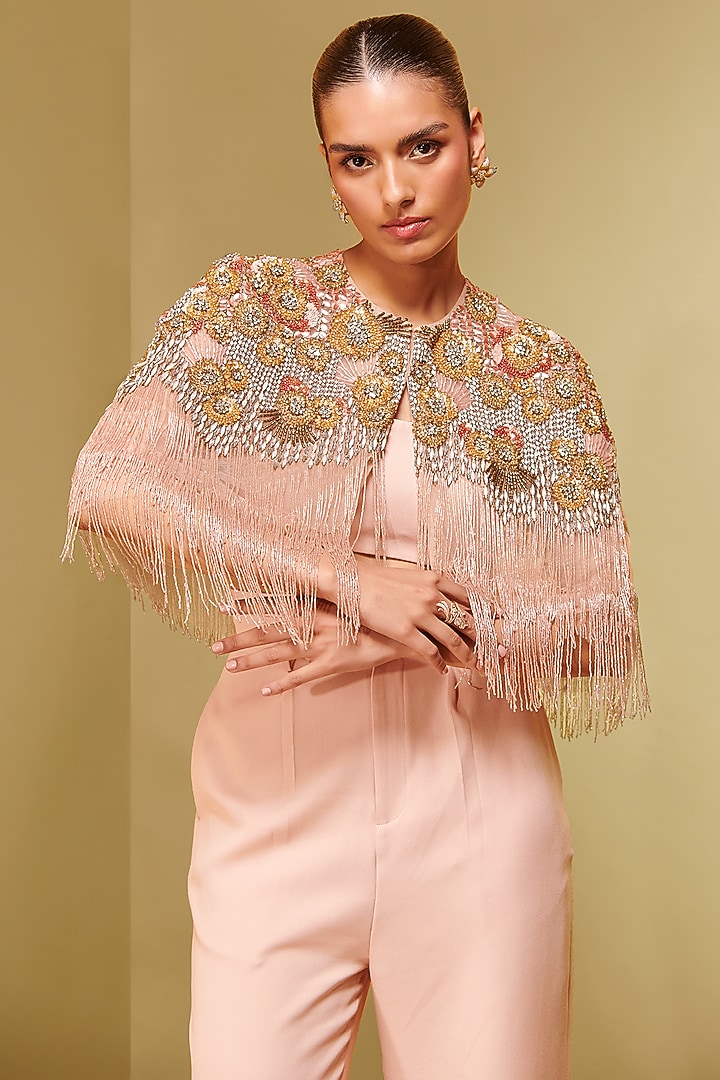 Blush Double Layered Tulle Floral Embroidered Short Cape by Not So Serious By Pallavi Mohan at Pernia's Pop Up Shop