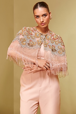Blush Double Layered Tulle Floral Embroidered Short Cape by Not So Serious By Pallavi Mohan