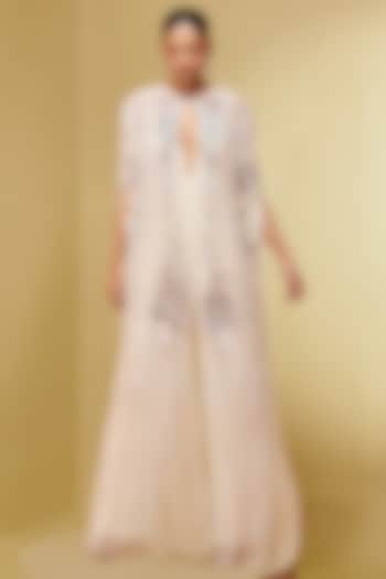 Ivory Tulle & Georgette Floral Embroidered Cape by Not So Serious By Pallavi Mohan at Pernia's Pop Up Shop