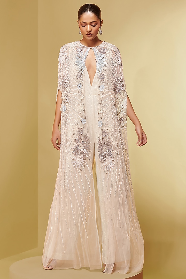 Ivory Tulle & Georgette Floral Embroidered Cape by Not So Serious By Pallavi Mohan at Pernia's Pop Up Shop