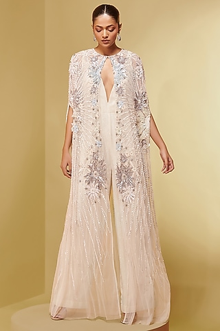 Ivory Tulle & Georgette Floral Embroidered Cape by Not So Serious By Pallavi Mohan