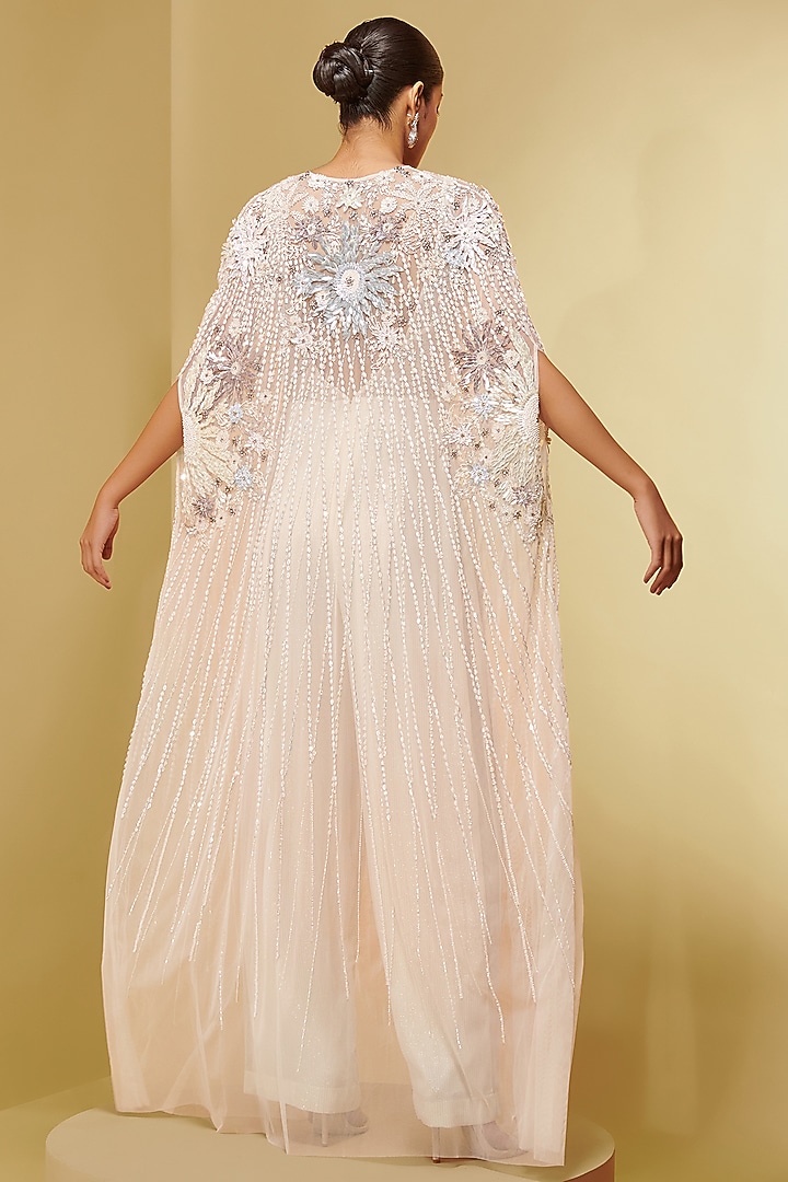 Ivory Tulle & Georgette Floral Embroidered Cape by Not So Serious By Pallavi Mohan at Pernia's Pop Up Shop