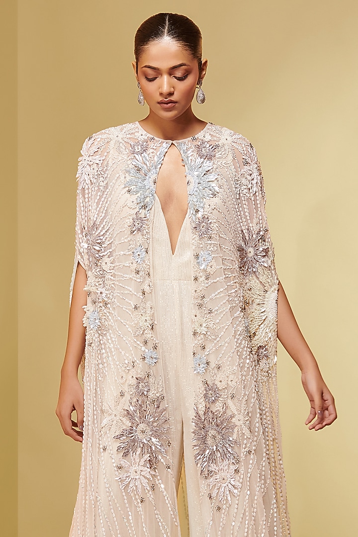 Ivory Tulle & Georgette Floral Embroidered Cape by Not So Serious By Pallavi Mohan at Pernia's Pop Up Shop
