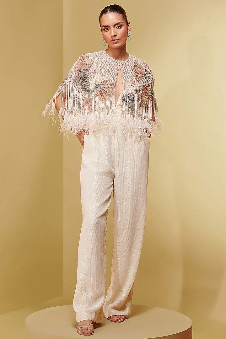 Blush Double Layered Tulle Floral Applique Embroidered Short Cape by Not So Serious By Pallavi Mohan at Pernia's Pop Up Shop